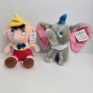 Vintage Set of 2 Walt Disney Dumbo & Pinocchio Plush Stuffed Animal With Tag